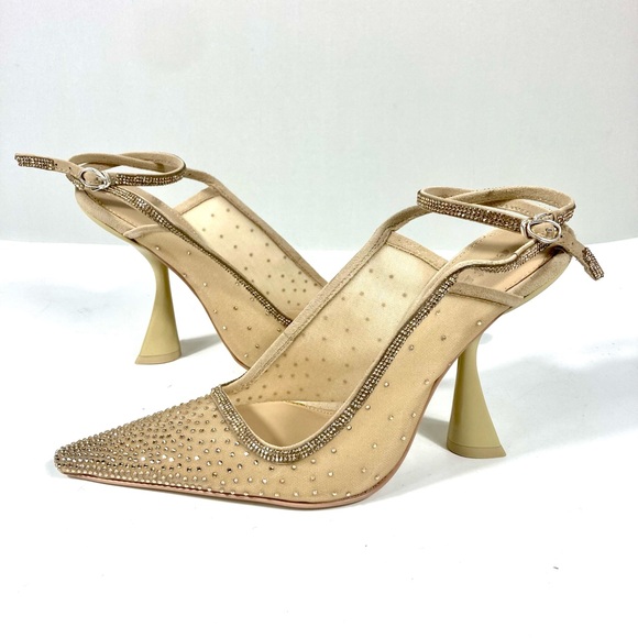 Cult Gaia Diya Pointed Toe Crystal Ankle Strap Pumps Heels Sand Dollar NEW - Picture 3 of 16